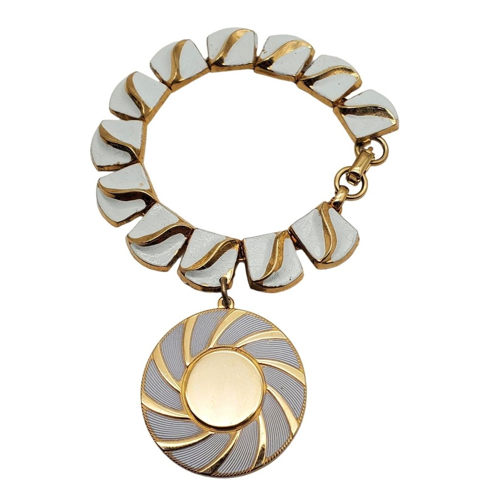 Coro Link Bracelet White Enamel Gold Tone Pinwheel Round Charm Chunky Summer MCM